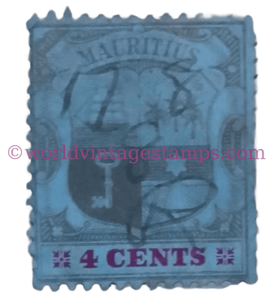 Coat of Arms 1902 Blue 4 Mauritian Cents