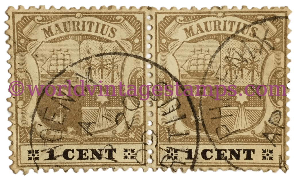 Yellowish Coat of Arms Mauritius 1 cent postage stamp