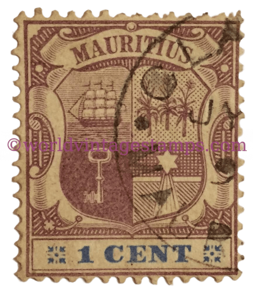 1 cent purple coat of arms Mauritius postage stamp