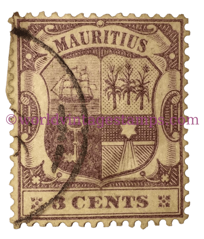 3 cent purple Coat of Arms Mauritius postage stamp