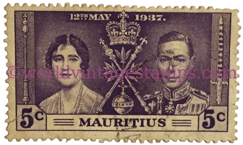 Mauritius 1937 King George VI and Queen Elizabeth Coronation Commemorative Postage Stamps 5 Mauritian Cents