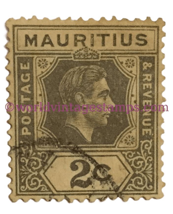 King George VI, Looking to the right. 1943 Mauritius Postage Stamp, 2 Cents