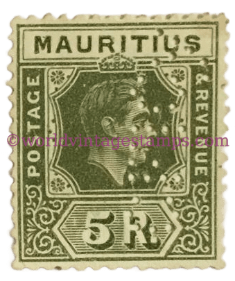 King George VI, Looking to the right. Mauritius Postage Stamp, 5 Rupee