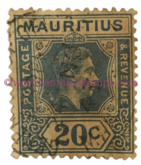 King George VI, Looking to the right. Mauritius Postage Stamp, 20 Cents