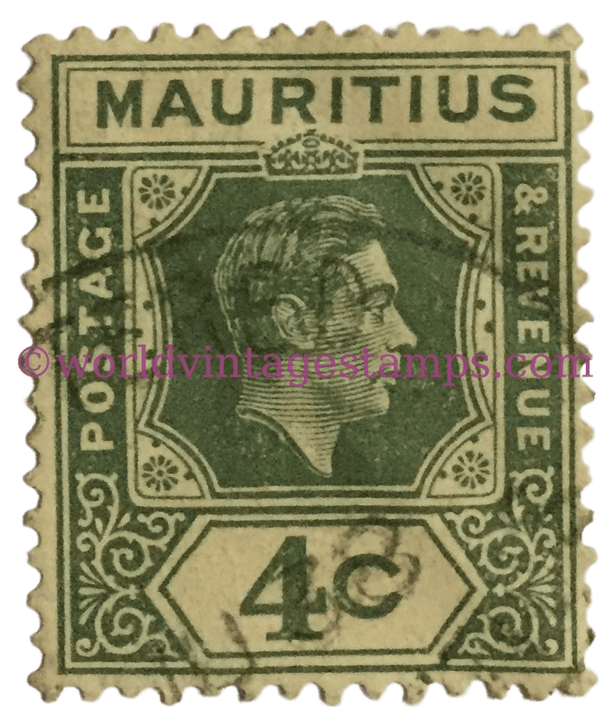 King George VI, Looking to the right. 1938 Mauritius Postage Stamp, 4 Cents - greenish colour