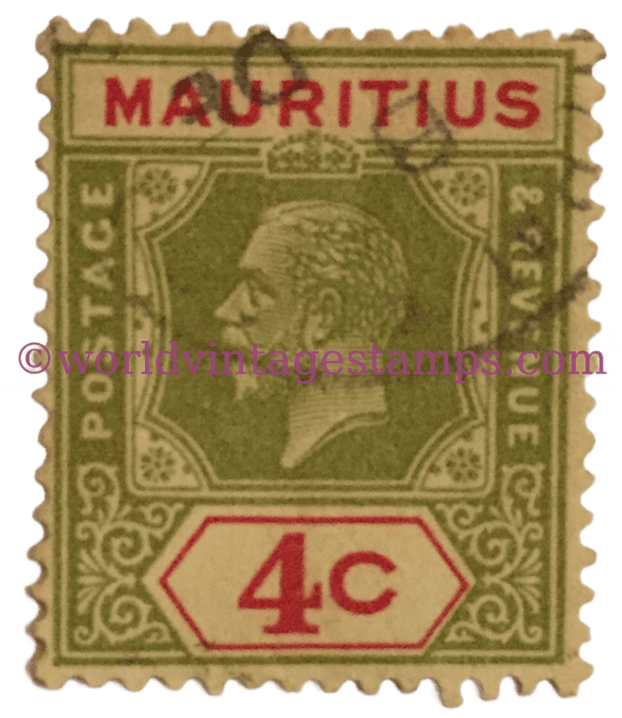 King George V Mauritius Postage Stamp 4 Cents Green and Red
