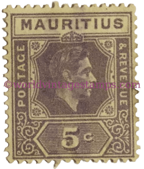 King George VI, Looking to the right. 1938 Mauritius Postage Stamp, 5 Cents