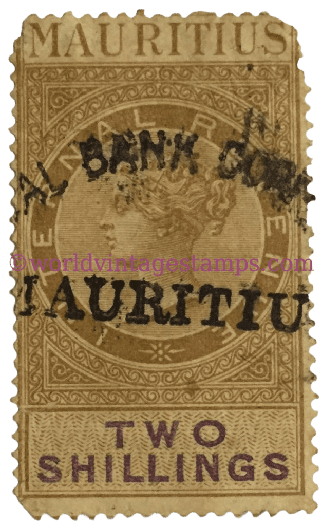 Quenn Victoria 1819-1901 Revenue Mauritius postage stamp - Internal Revenue - 2 British Shilling