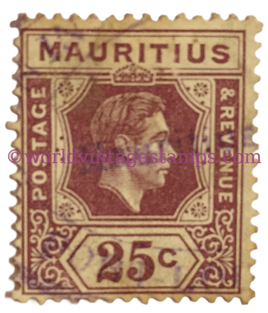 King George VI, Looking to the right. Mauritius Postage Stamp, 25 Cent