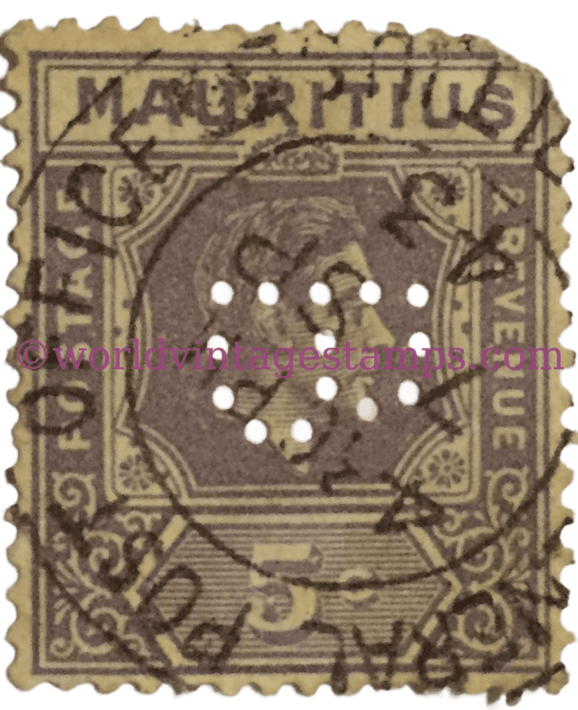 King George VI, Looking to the right. 1938 Mauritius Postage Stamp, 5 Cents with perfin