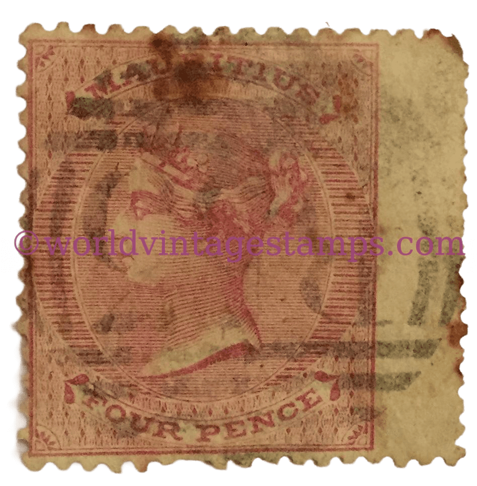 Queen Victoria issues 1860-1863 - Mauritius Postage Stamp - 4d British Penny (old) - Issued on 1860