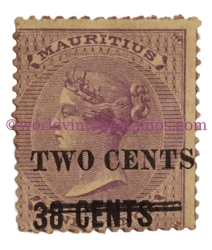 Queen Victoria isses 1891-94. 2c Mauritian cent. Issued on 1891. 2 cent on 38 cents on 9 penny