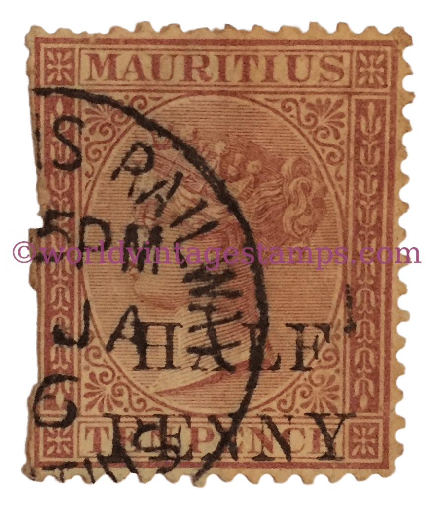 Queen Victoria Mauritius Postage Stamps - 1876 - 1/2d - British Penny (old) Half penny on 10 pence