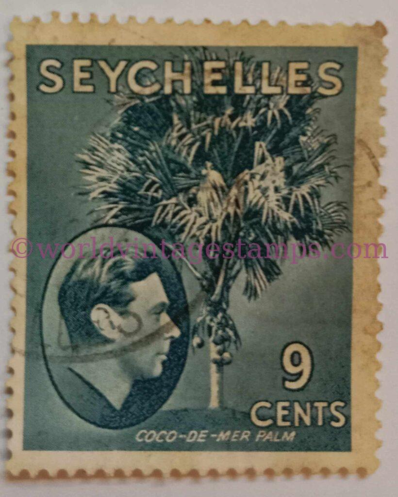 King George VI - 9 Cent - Seychelles Postage Stamps - Grey Blue