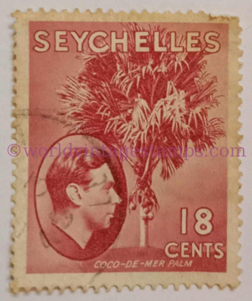 King George VI - 18 Cent - Seychelles Postage Stamps 1941 - Carmine lake