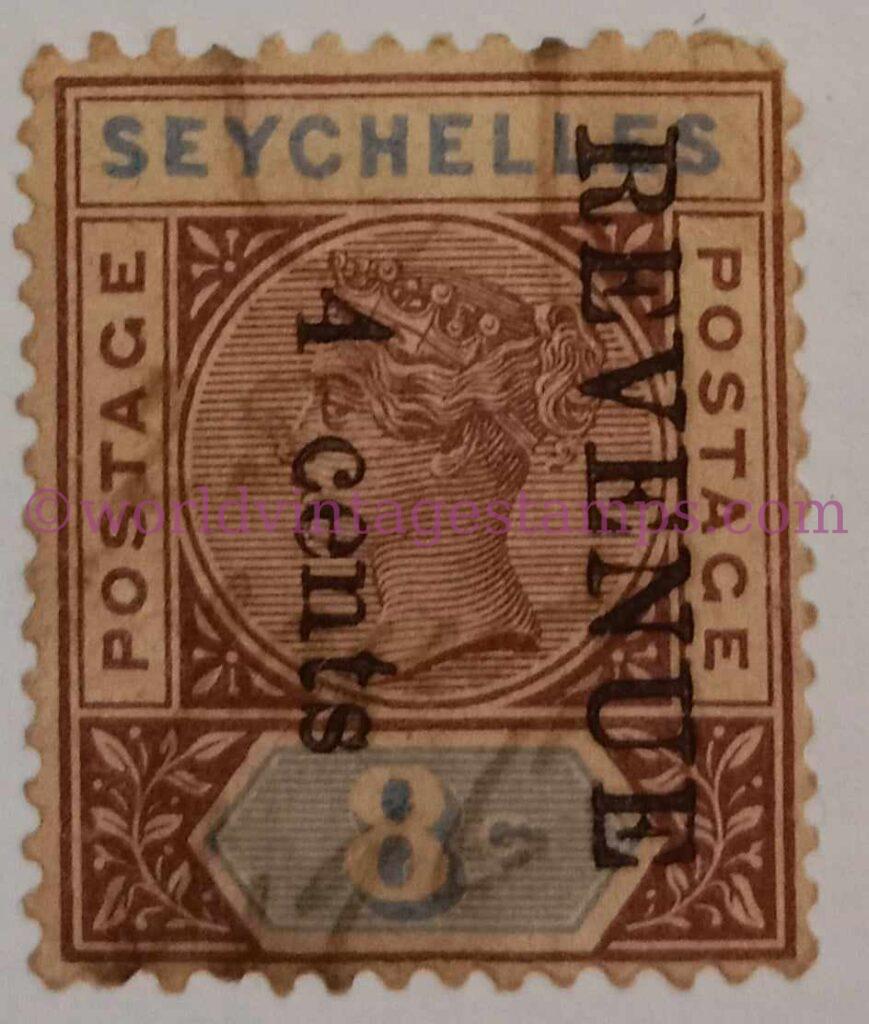 Seychelles: Revenue Stamps - 8 cent postage stamp of 1890 surcharged "REVENUE 4 CENTS" in black, reading up - Year 1894 - Blue and Brown Colour Stamp