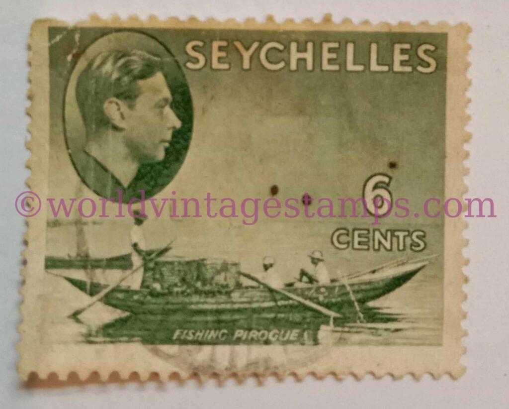 King George VI Definitive 1 - Fishing Pirouge Stamp - Seychelles Postage Stamp - 1941 - 6 Cent