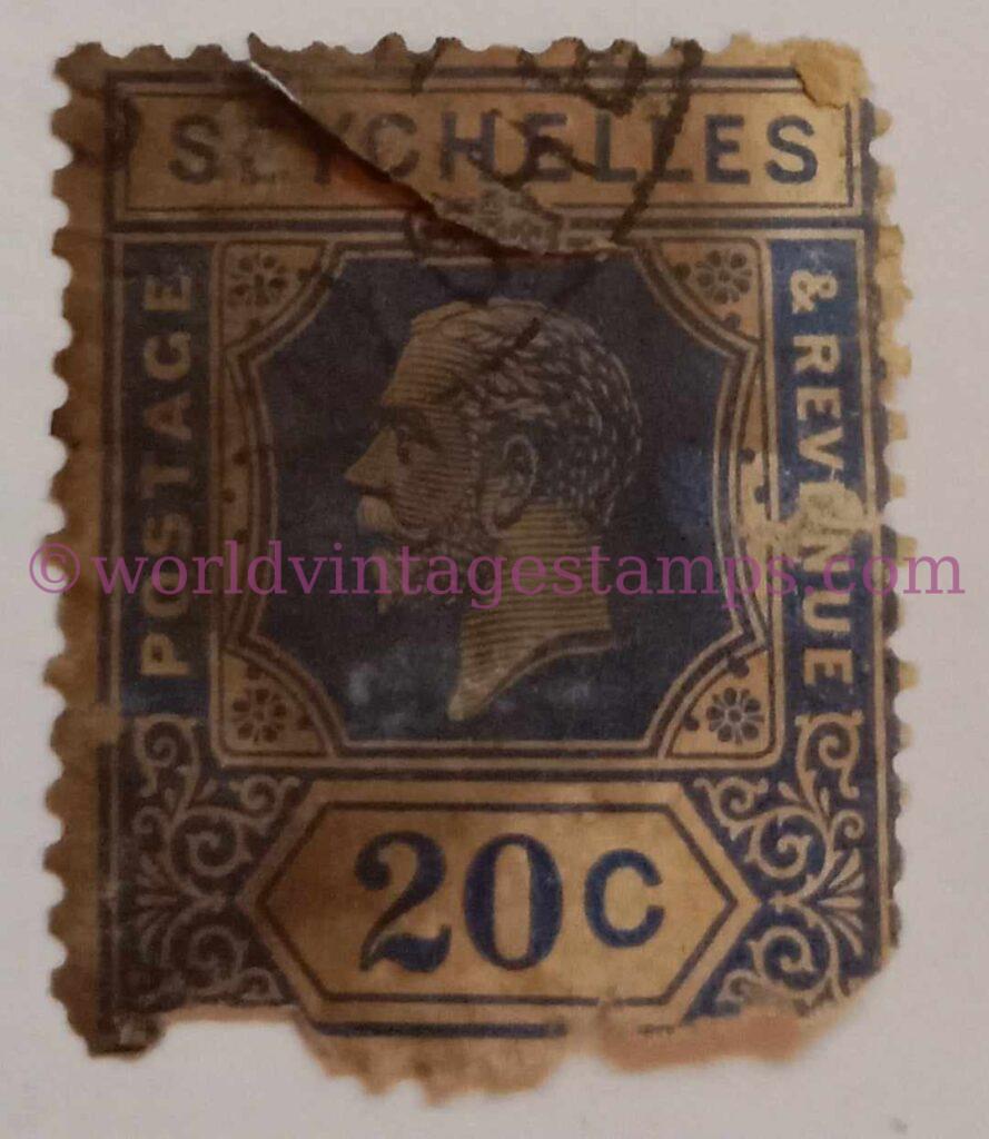 King George V (1921-1932) - 20 Cent - Bright Blue - Seychelles Postage Stamps