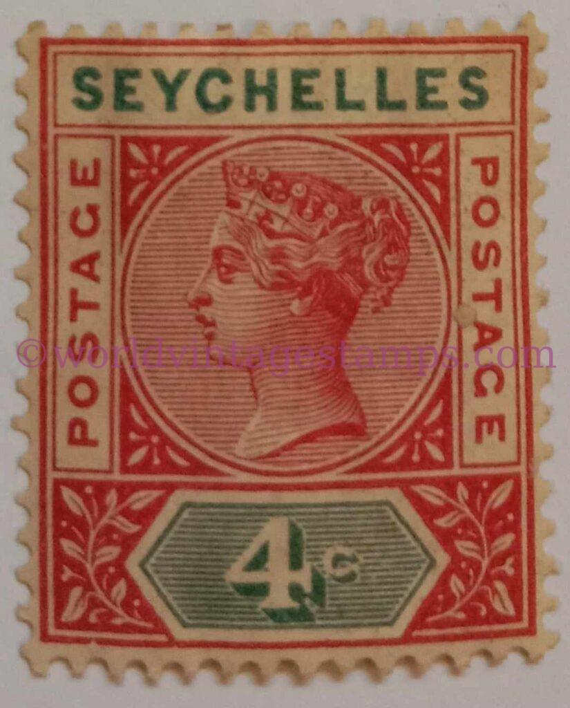Queen Victoria Seychelles Postage Stamps - 4 cent - Carmine and Green Colour Stamp