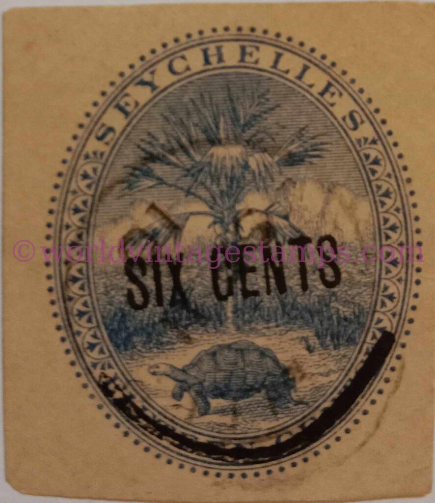 Seychelles Vintage Postcard - Blue - Tortoise and Palm Tree - Six Cent