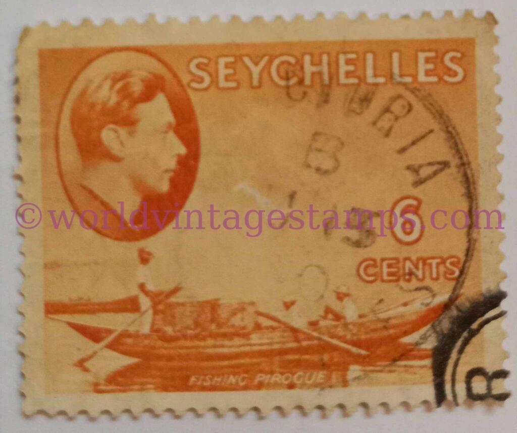 King George VI Definitive 1 - Fishing Pirouge Stamp - Seychelles Postage Stamp - 1938 - 6 Cent