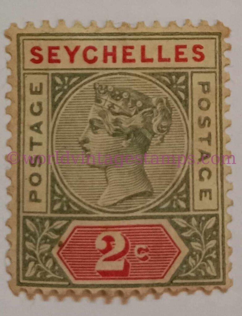 Queen Victoria Seychelles Postage Stamps - 2 cent - Carmine and Green Colour Stamp