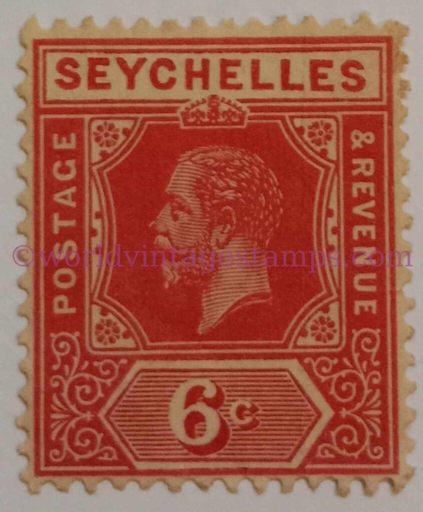 King George V - Seychelles - 6 Cent - Carmine Rose Stamp