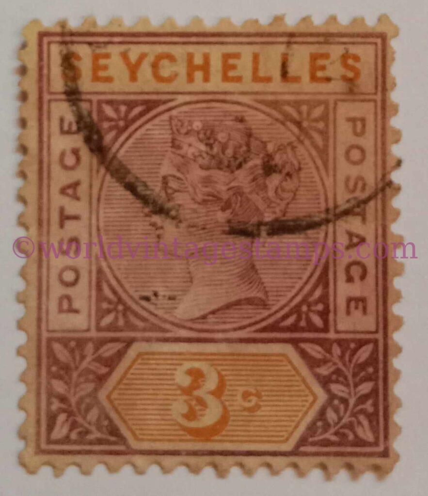 Queen Victoria Seychelles Postage Stamps - 3 cent - Brown and Orange Colour Stamp Stanley Gibbons SC 22