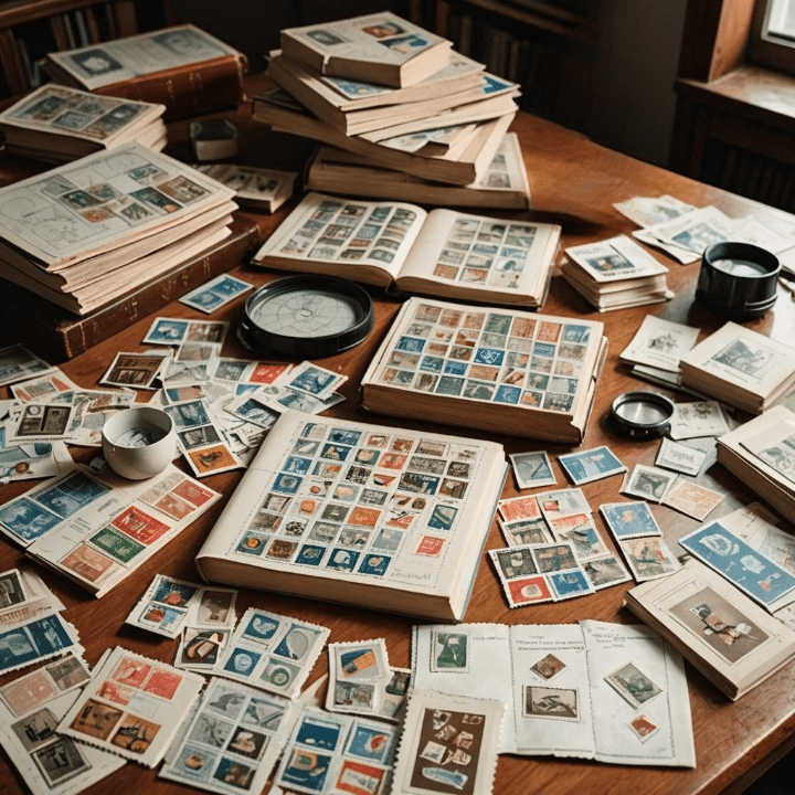 Philately - Desk with postage stamps