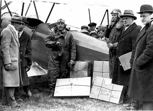 First air express delivery, at Leaside Aerodrome. First package deliveries were destined for T. Eaton Co. in Toronto.